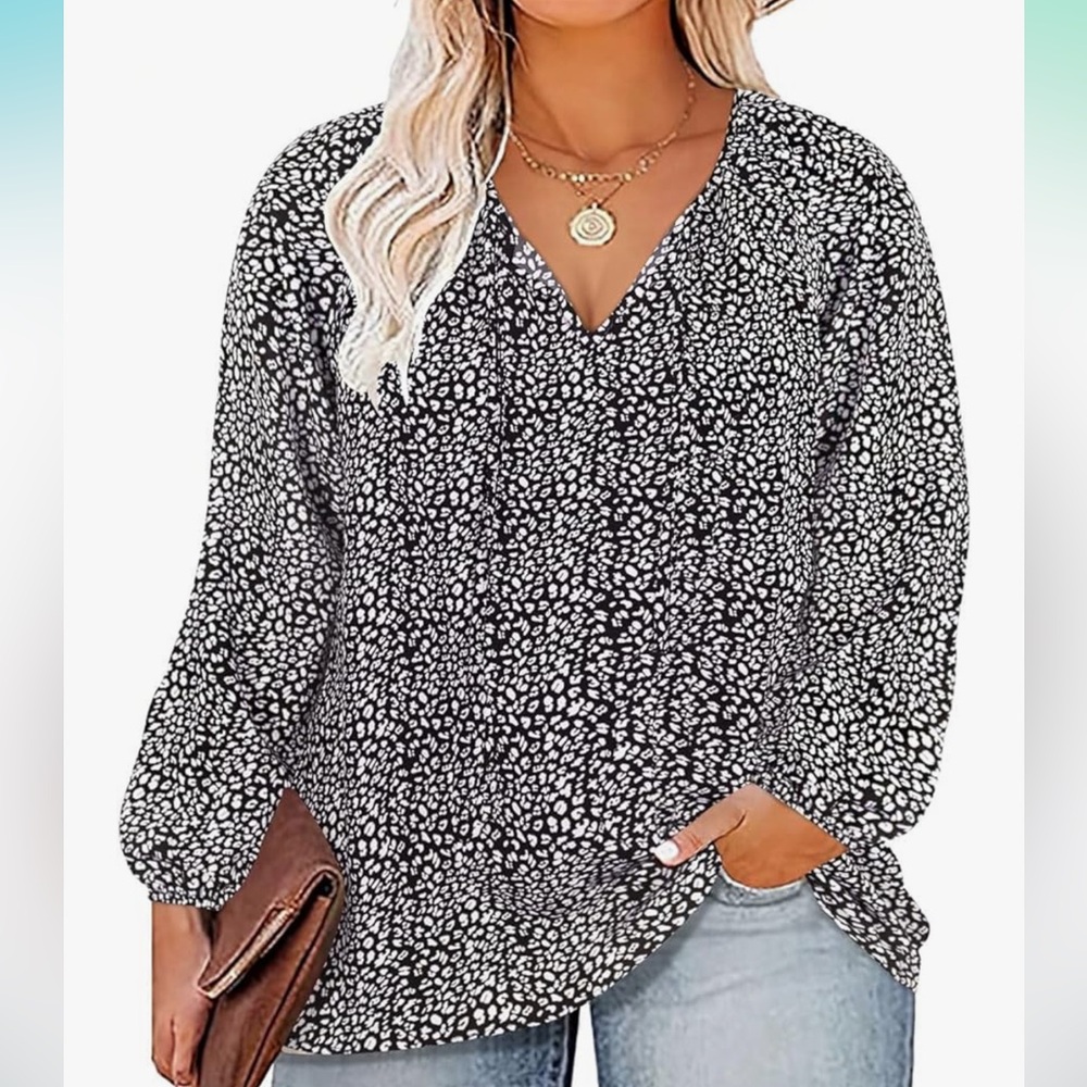 NWOT CARCOS Womens Plus Size Floral Blouses Long Sleeve Boho Top V Neck, XXL